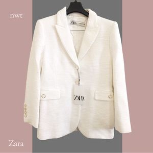 NWT ZARA WHITE BLAZER NEW ZARA WOMEN BUTTONED TEXTURED WEAVE BLAZER JACKET Sz S